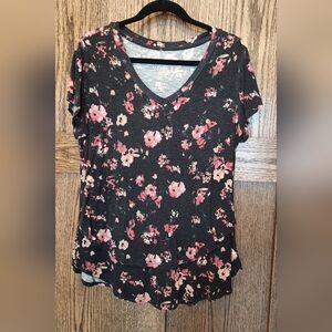 Latched Mama Black Short Sleeve V-Neck Top with Pink Floral Print